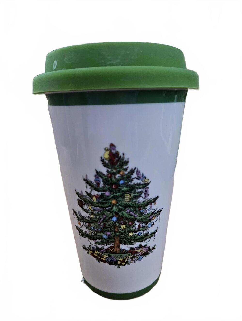 Spode Christmas Tree Travel Mug 15oz Ceramic Silicone Lid  Holiday Collectible